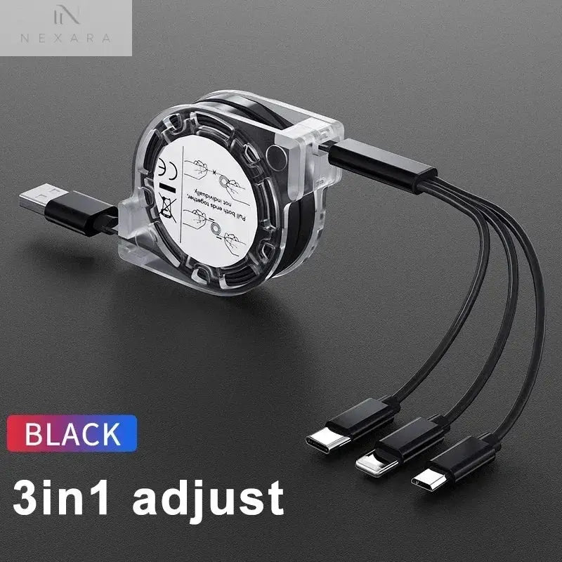 3-in-1 Telescopic Fast Charging USB Cable: Versatile Charging Solution for Apple, Type C, and Android Devices with 3A Compatibility