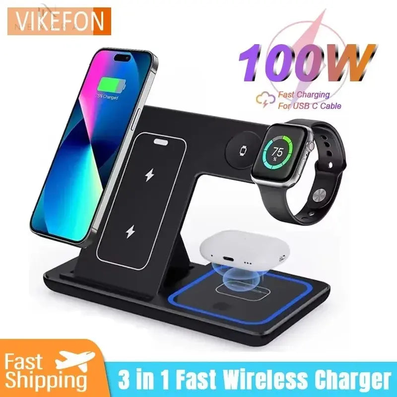 100W Foldable 3-in-1 Wireless Charging Station for iPhone 16/15/14/13/12, Apple Watch Series 10/9/8, and AirPods Pro/2 - Fast and Efficient Charging Solution