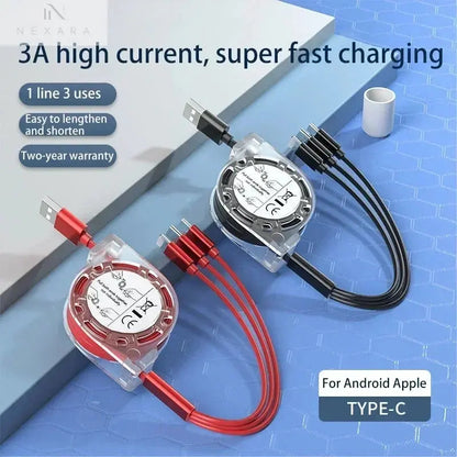 3-in-1 Telescopic Fast Charging USB Cable: Versatile Charging Solution for Apple, Type C, and Android Devices with 3A Compatibility