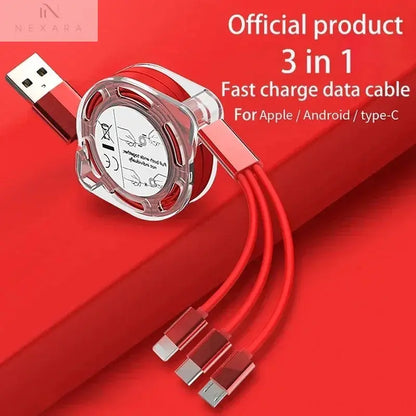3-in-1 Telescopic Fast Charging USB Cable: Versatile Charging Solution for Apple, Type C, and Android Devices with 3A Compatibility