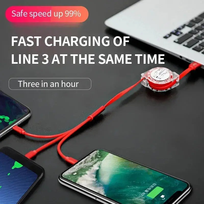 3-in-1 Telescopic Fast Charging USB Cable: Versatile Charging Solution for Apple, Type C, and Android Devices with 3A Compatibility