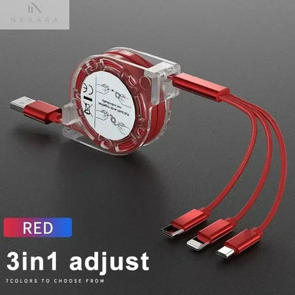 3-in-1 Telescopic Fast Charging USB Cable: Versatile Charging Solution for Apple, Type C, and Android Devices with 3A Compatibility