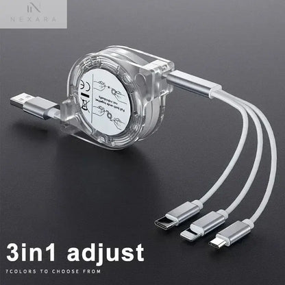 3-in-1 Telescopic Fast Charging USB Cable: Versatile Charging Solution for Apple, Type C, and Android Devices with 3A Compatibility