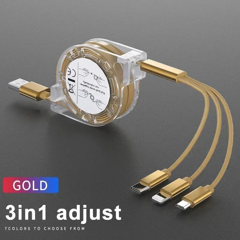 3-in-1 Telescopic Fast Charging USB Cable: Versatile Charging Solution for Apple, Type C, and Android Devices with 3A Compatibility