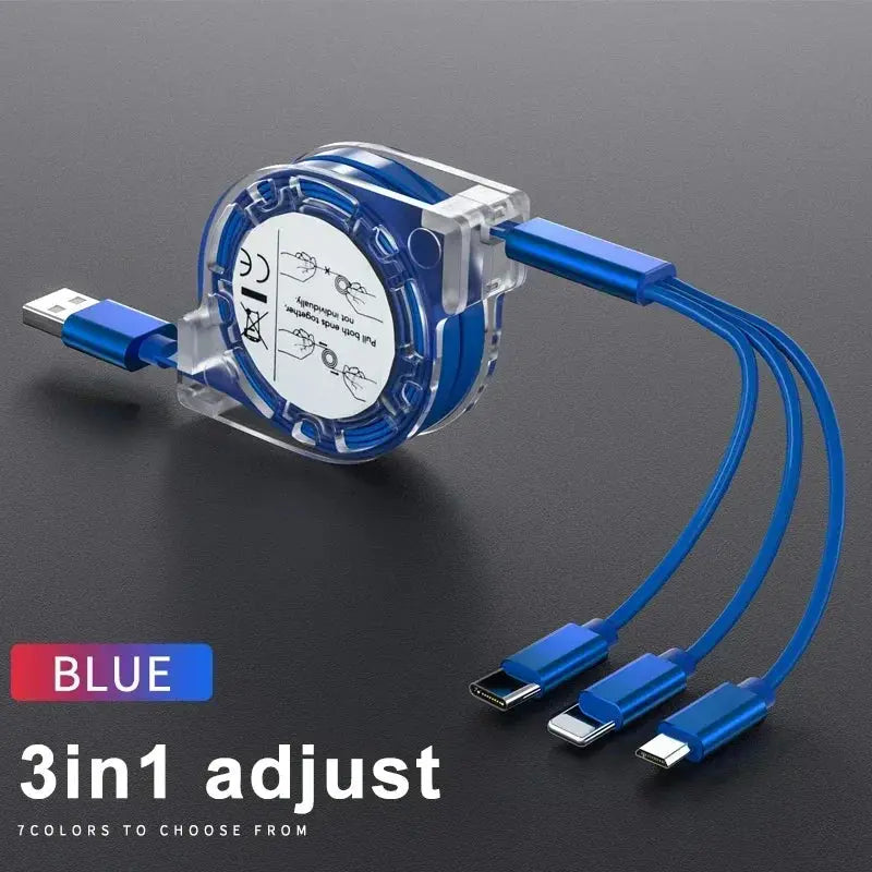3-in-1 Telescopic Fast Charging USB Cable: Versatile Charging Solution for Apple, Type C, and Android Devices with 3A Compatibility