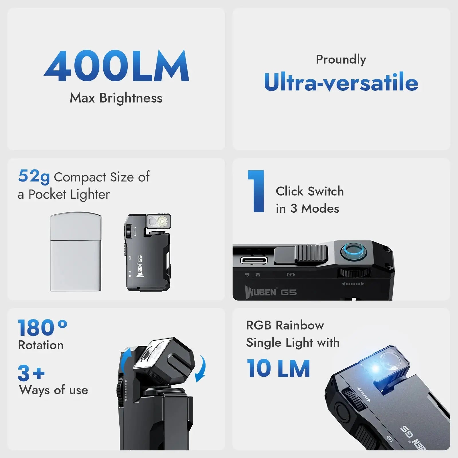 G5 Rechargeable EDC Flashlight - 400 Lumens Mini Flashlight with Dual Light Sources and RGB Options for Ultimate Portability