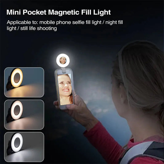 Magnetic Clip-On LED Ring Fill Light for MagSafe iPhone 12, 13, 14 and Android Phones - Rechargeable Selfie Light with Adjustable Brightness and Color Temperature