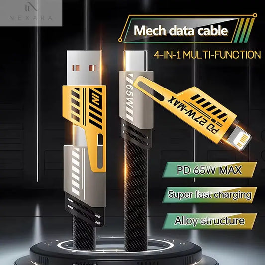 Revolutionary 4-in-1 Mecha Fast Charging Data Cable – Power Delivery 27W for iPhone 15, Samsung, and Xiaomi with 65W USB Type-C Multi-Port Quick Charge Capability