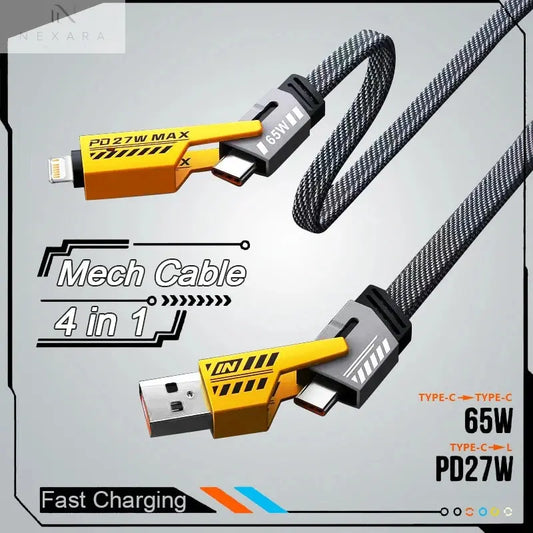 Revolutionary 4-in-1 Mecha Fast Charging Data Cable – Power Delivery 27W for iPhone 15, Samsung, and Xiaomi with 65W USB Type-C Multi-Port Quick Charge Capability