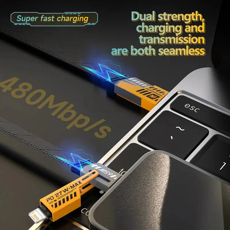 Revolutionary 4-in-1 Mecha Fast Charging Data Cable – Power Delivery 27W for iPhone 15, Samsung, and Xiaomi with 65W USB Type-C Multi-Port Quick Charge Capability