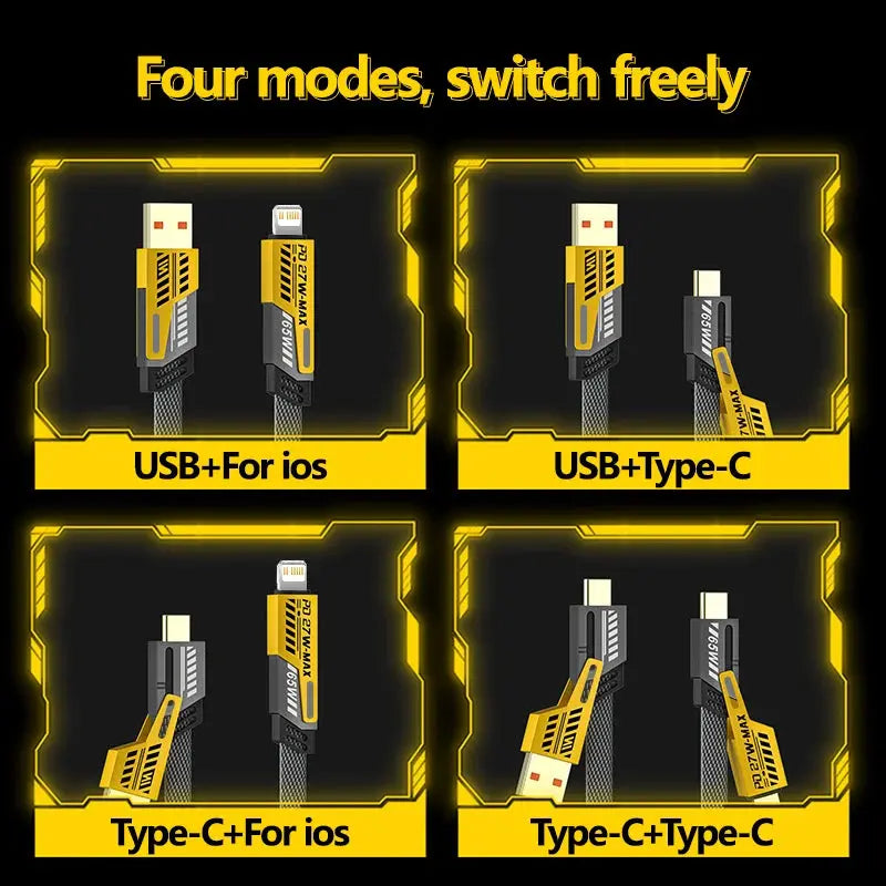 Revolutionary 4-in-1 Mecha Fast Charging Data Cable – Power Delivery 27W for iPhone 15, Samsung, and Xiaomi with 65W USB Type-C Multi-Port Quick Charge Capability